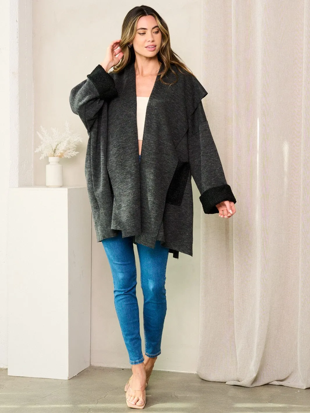 WOMEN'S LONG SLEEVES POCKETS OPEN FRONT CARDIGAN