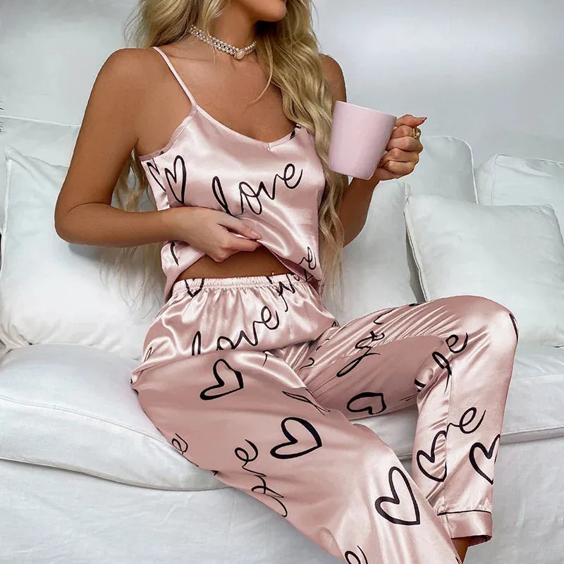 Women's Pijamas Sexy Lingerie Silk Pajamas Set Sleepwear Satin Cami Vest with Trousers Nightwear Pyjama