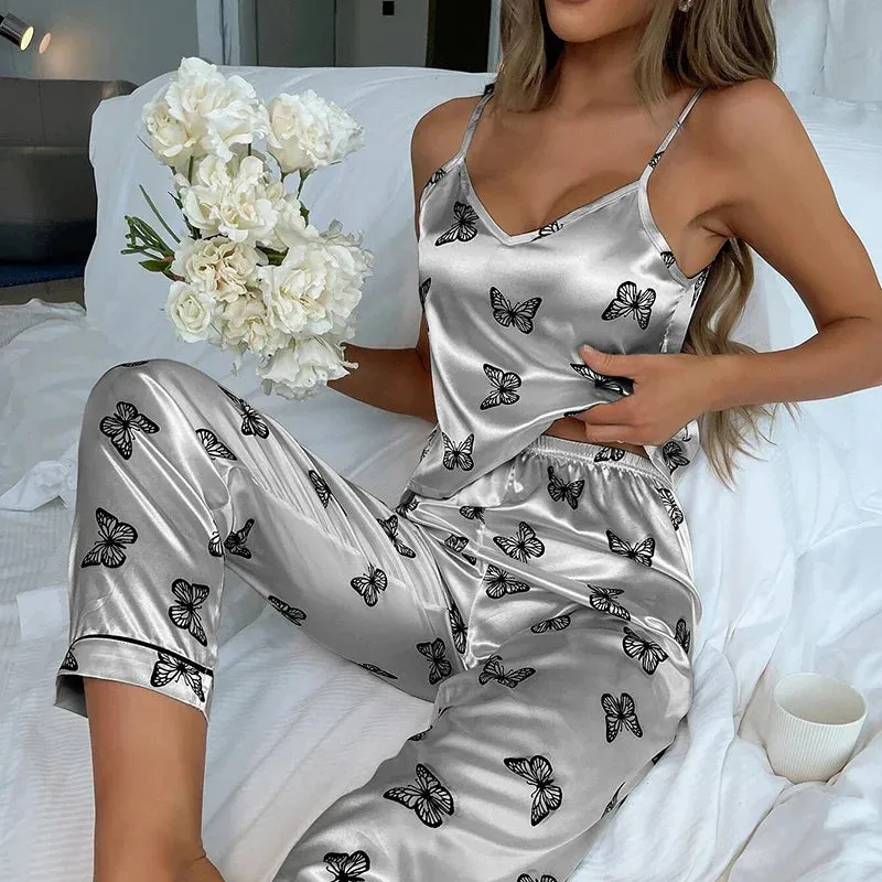 Women's Pijamas Sexy Lingerie Silk Pajamas Set Sleepwear Satin Cami Vest with Trousers Nightwear Pyjama