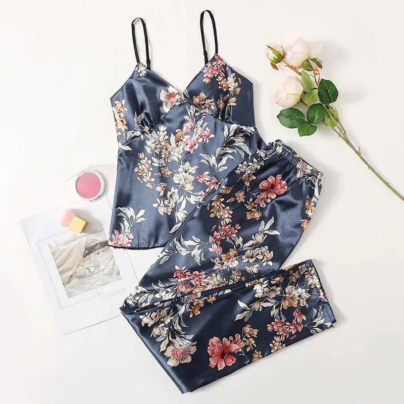 Women's Pijamas Sexy Lingerie Silk Pajamas Set Sleepwear Satin Cami Vest with Trousers Nightwear Pyjama
