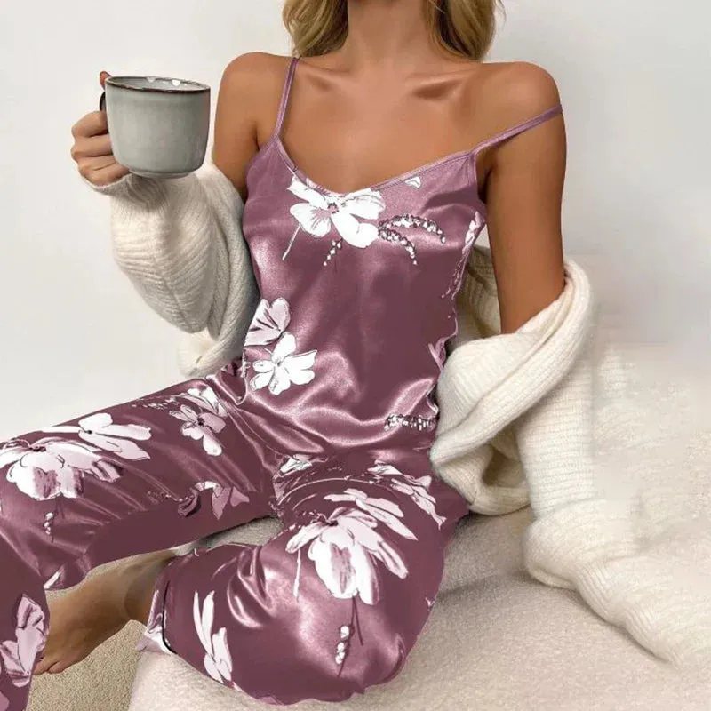 Women's Pijamas Sexy Lingerie Silk Pajamas Set Sleepwear Satin Cami Vest with Trousers Nightwear Pyjama
