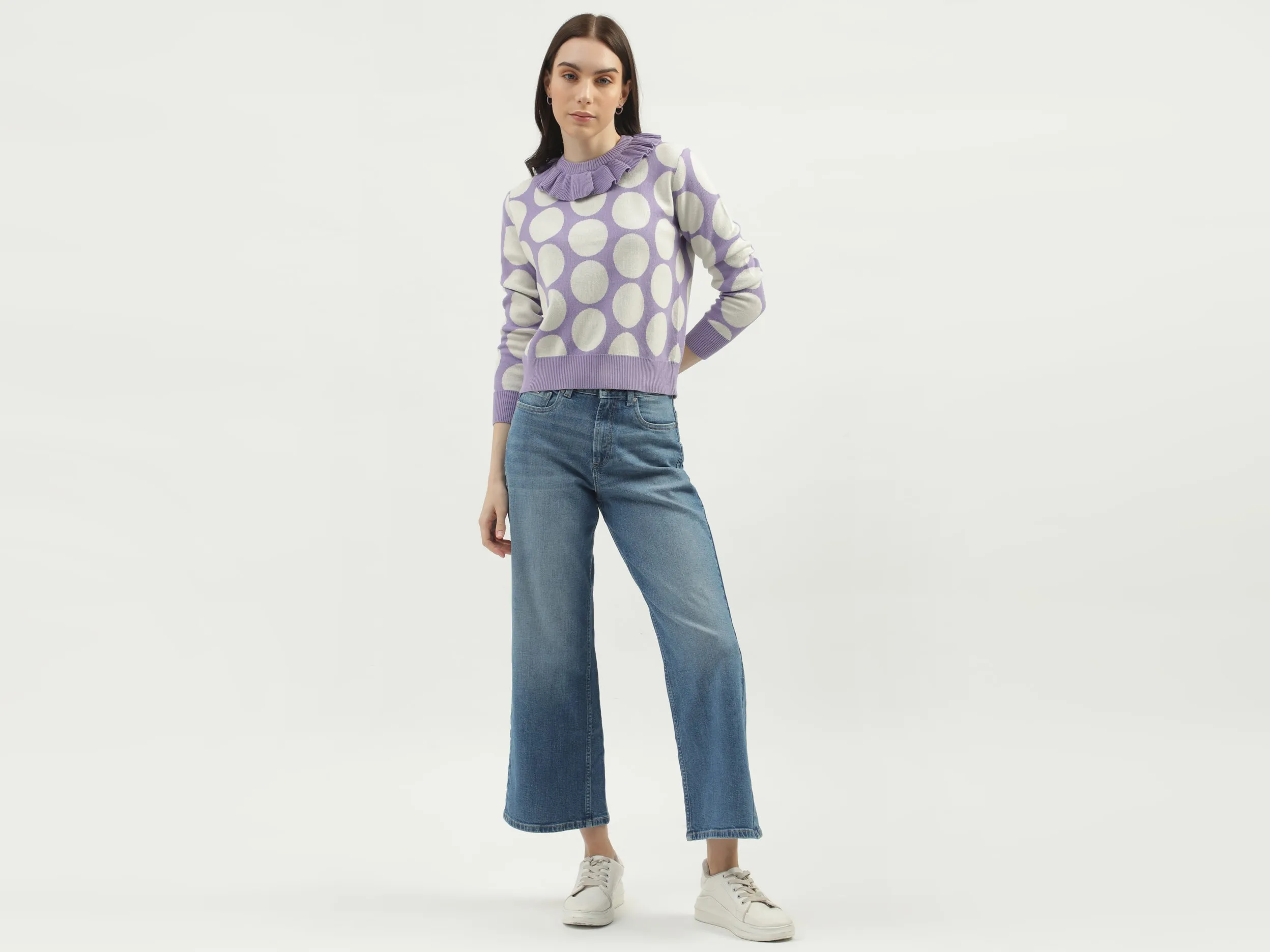 Women's Regular Fit Flutter Neck Polka Dot Sweaters