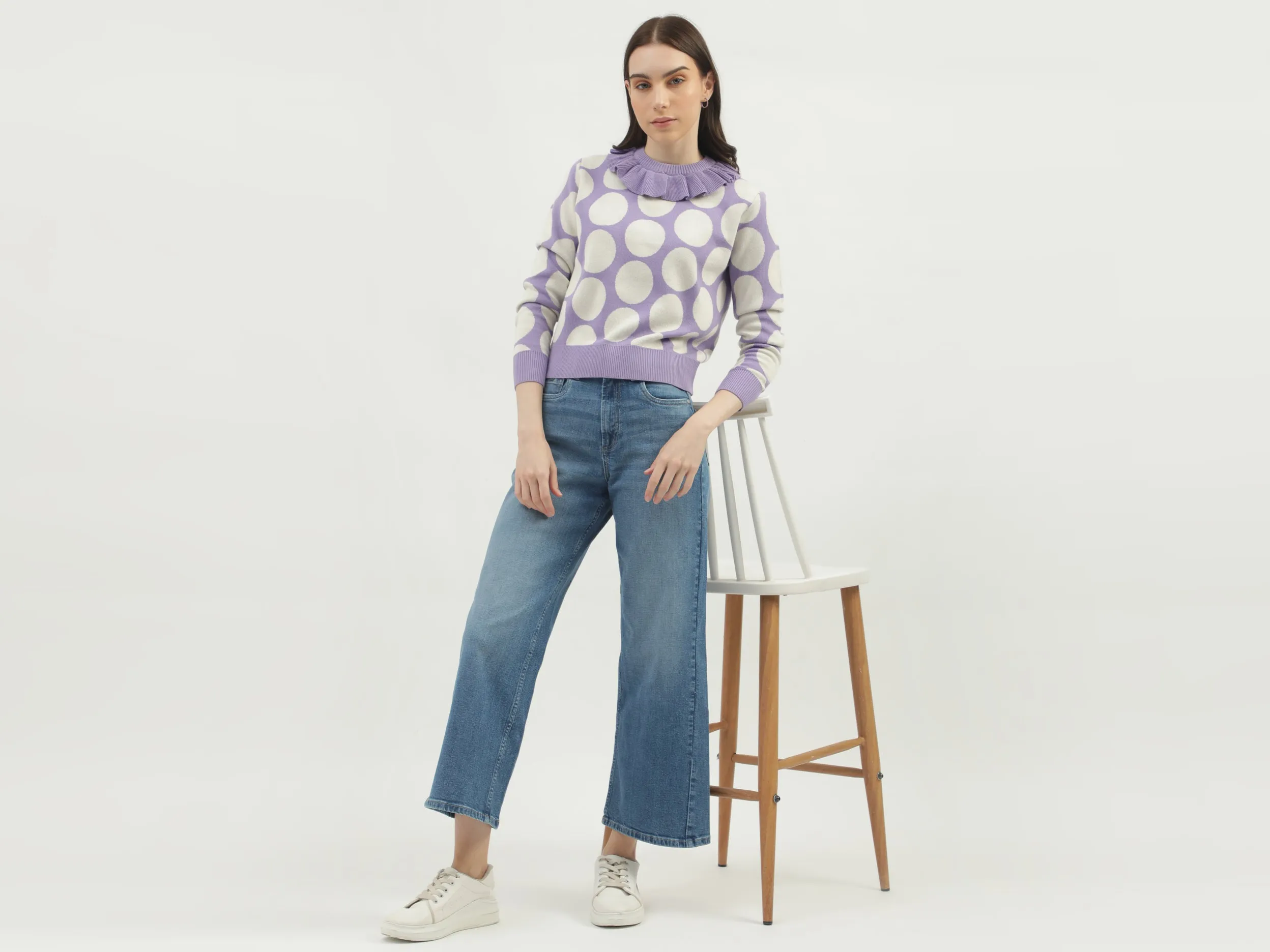 Women's Regular Fit Flutter Neck Polka Dot Sweaters