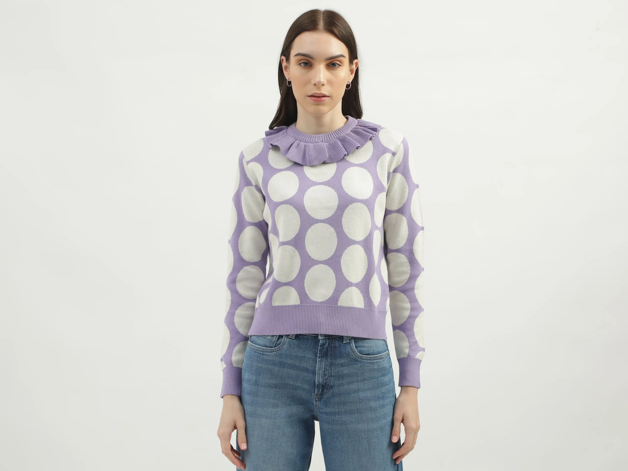 Women's Regular Fit Flutter Neck Polka Dot Sweaters