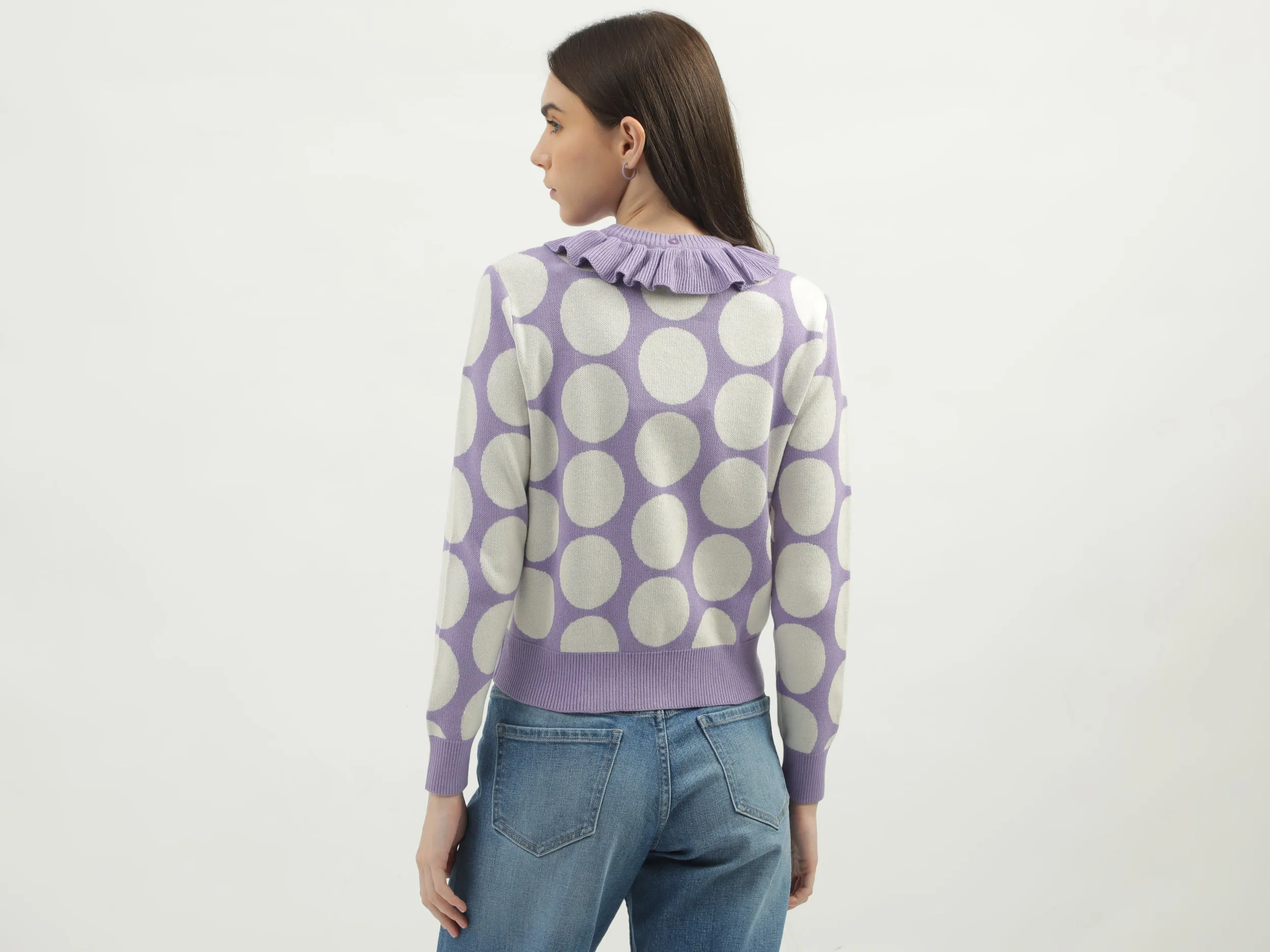 Women's Regular Fit Flutter Neck Polka Dot Sweaters