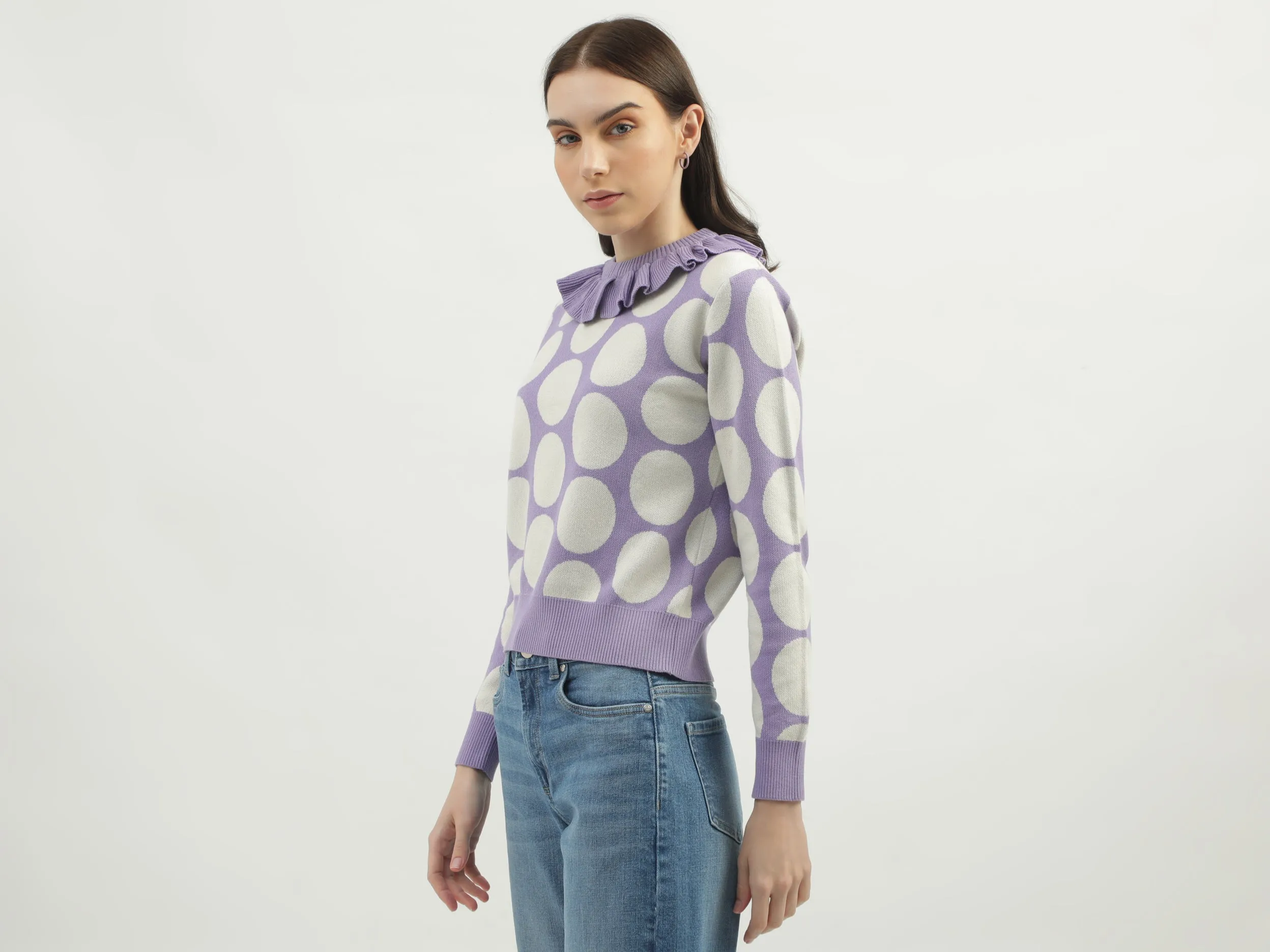 Women's Regular Fit Flutter Neck Polka Dot Sweaters