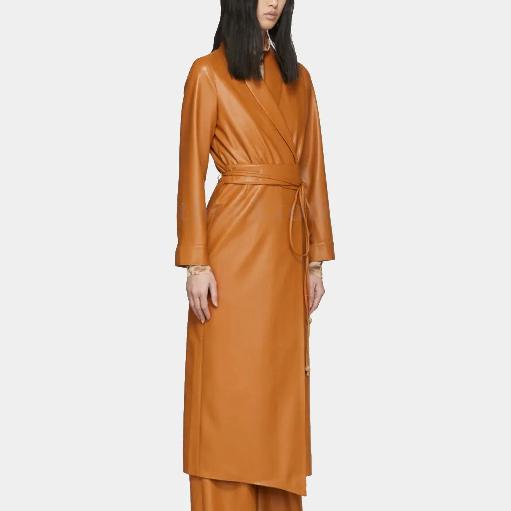 Women’s Shawl Collar Spring Brown Leather Trench Coat