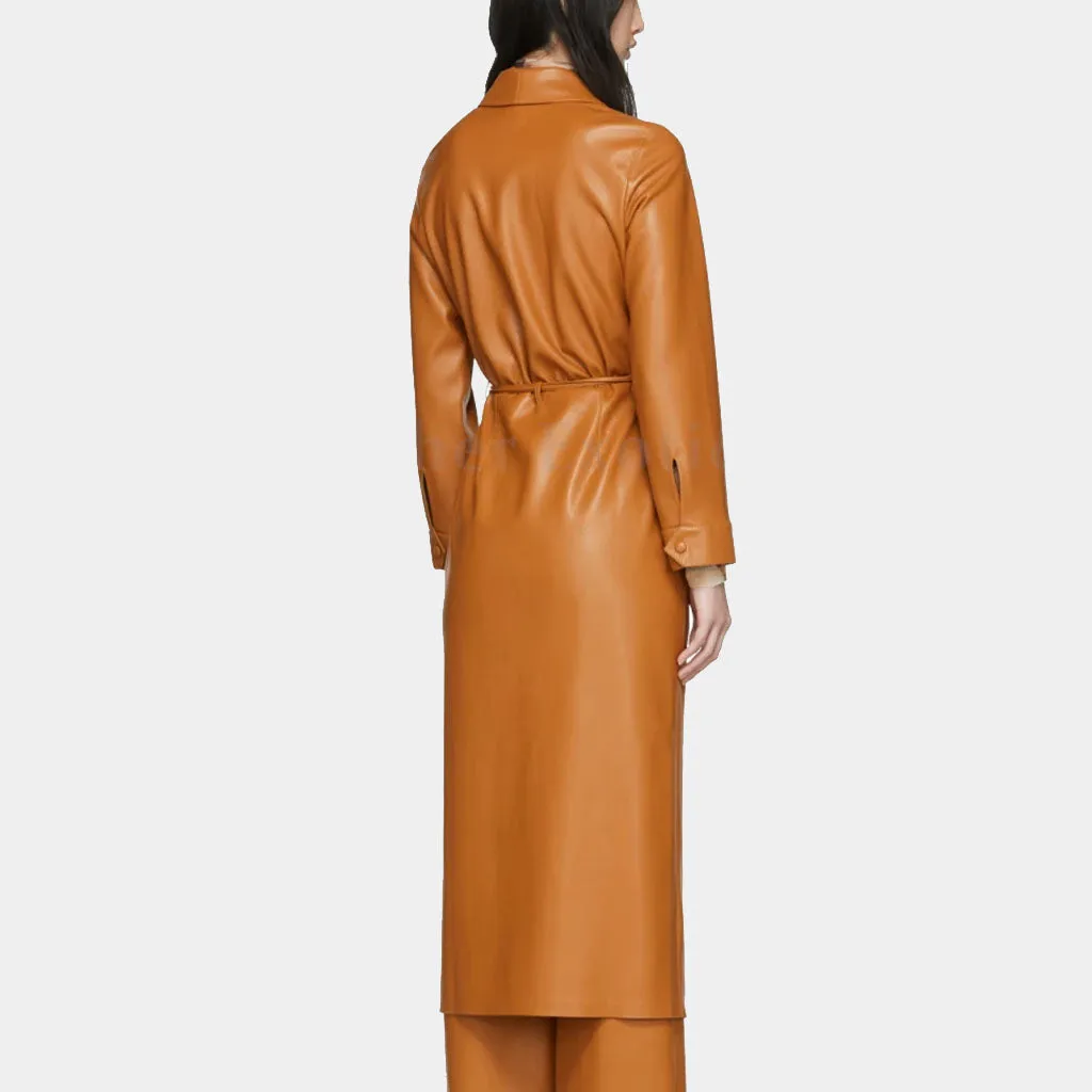 Women’s Shawl Collar Spring Brown Leather Trench Coat