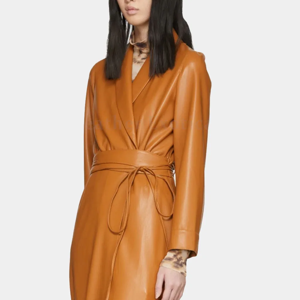 Women’s Shawl Collar Spring Brown Leather Trench Coat