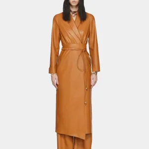 Women’s Shawl Collar Spring Brown Leather Trench Coat