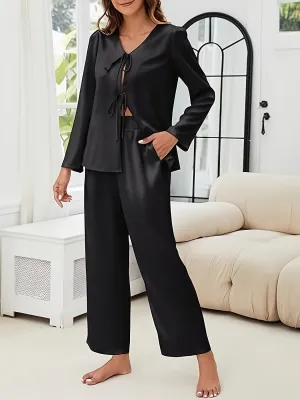 Women's Silk Pajamas Set 2pcs - Long Sleeve Satin PJ Sets with Tie for Lounge & Sleep