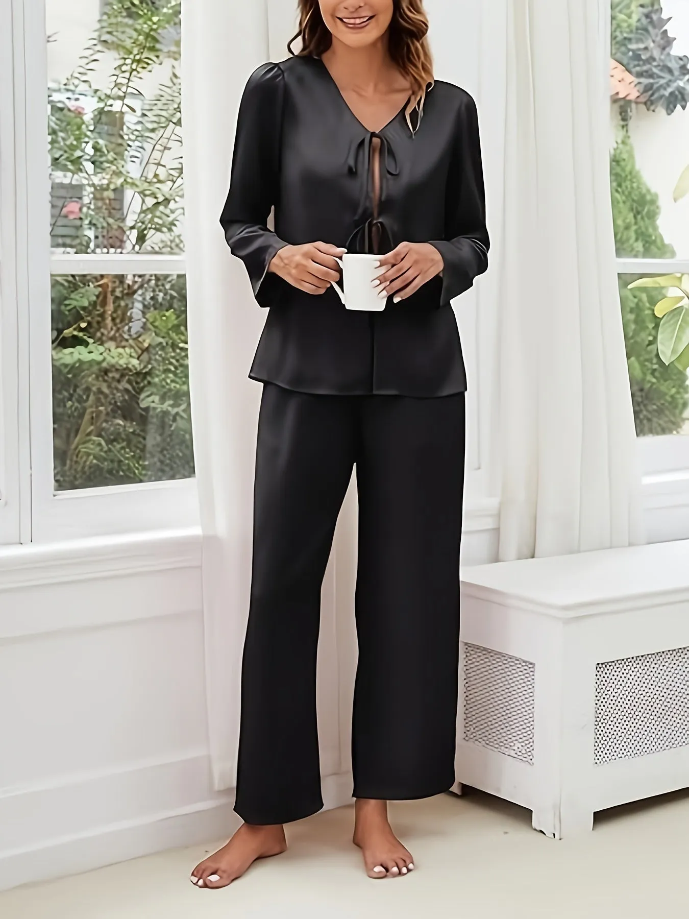 Women's Silk Pajamas Set 2pcs - Long Sleeve Satin PJ Sets with Tie for Lounge & Sleep
