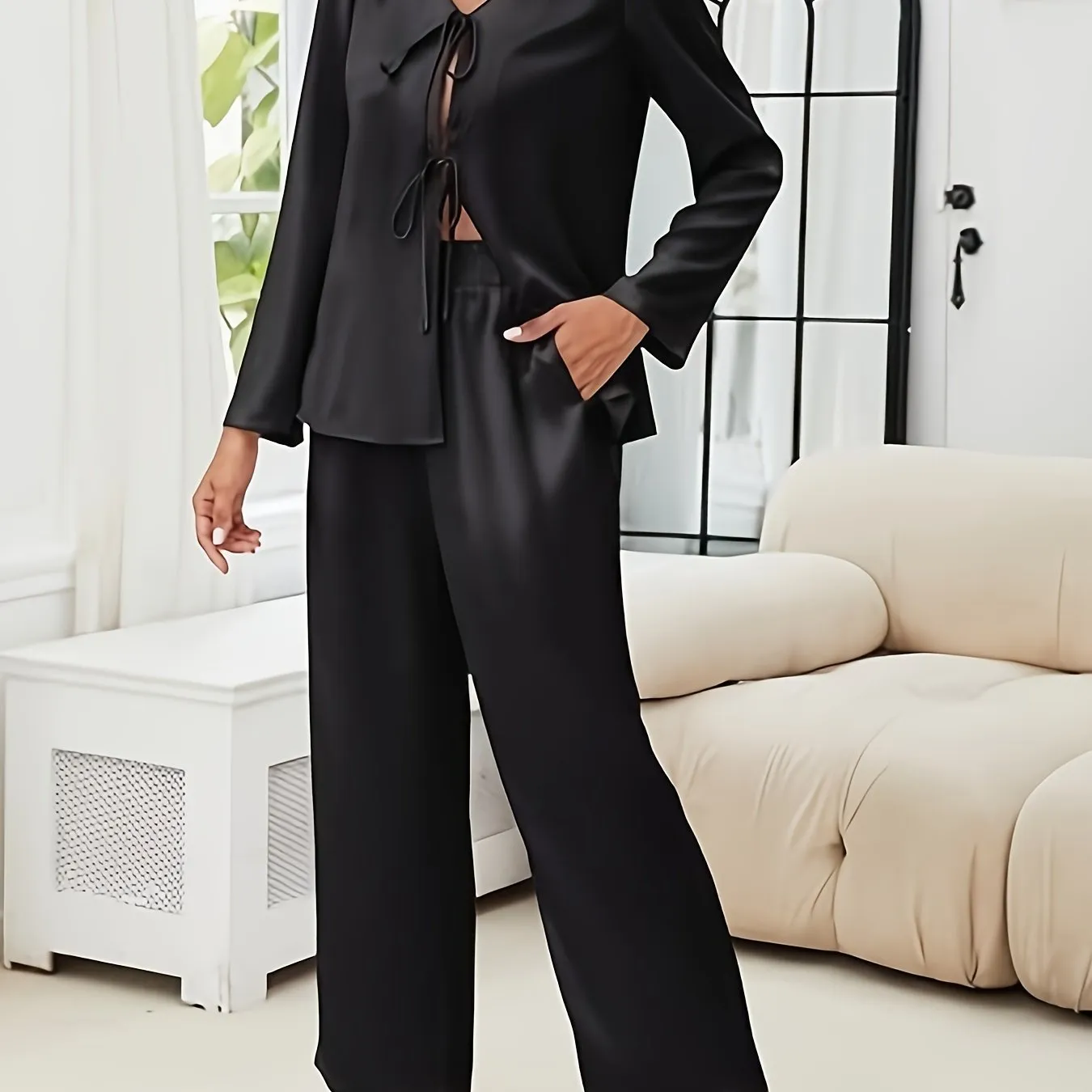 Women's Silk Pajamas Set 2pcs - Long Sleeve Satin PJ Sets with Tie for Lounge & Sleep