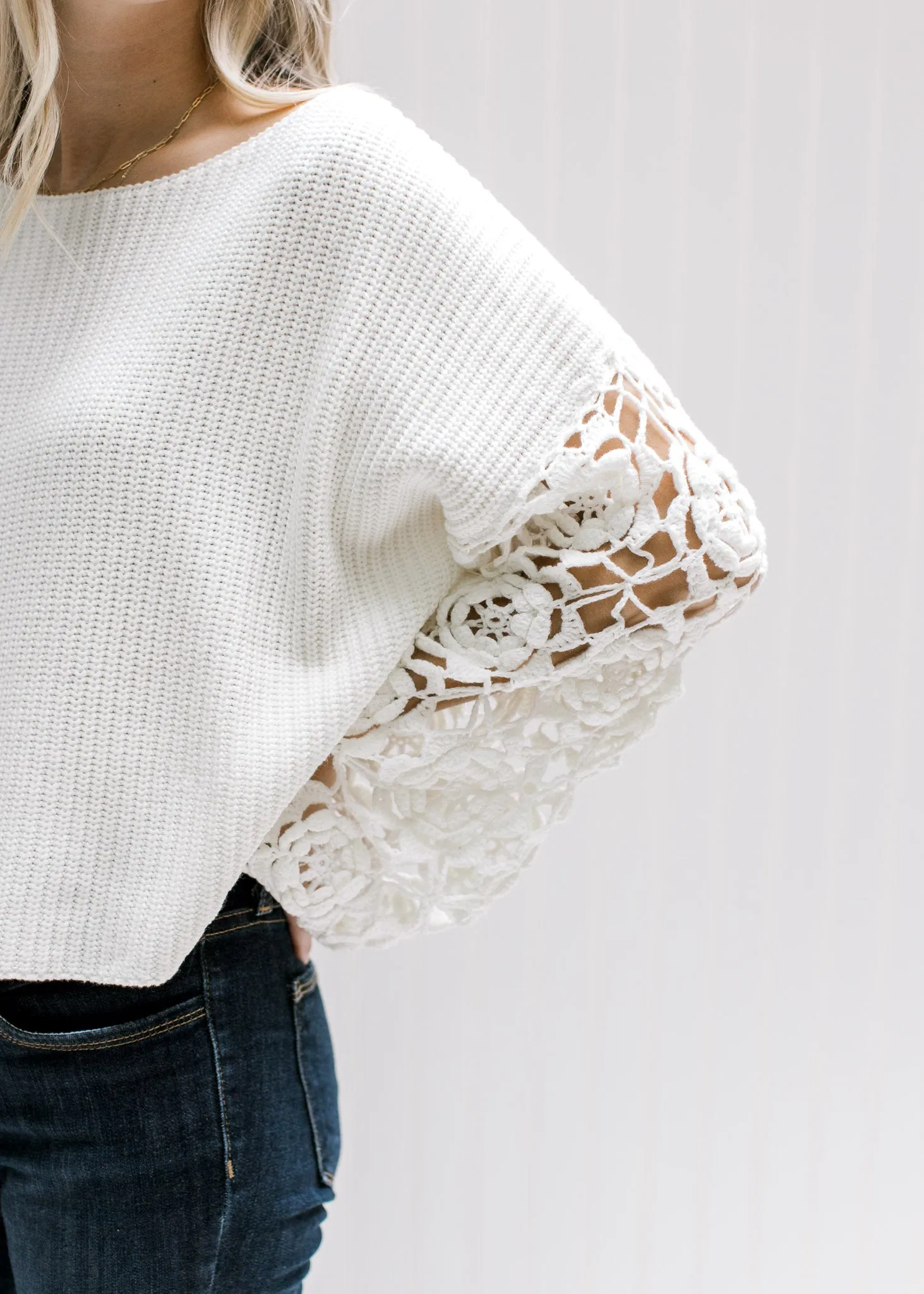 X White Openwork Sleeve Sweater