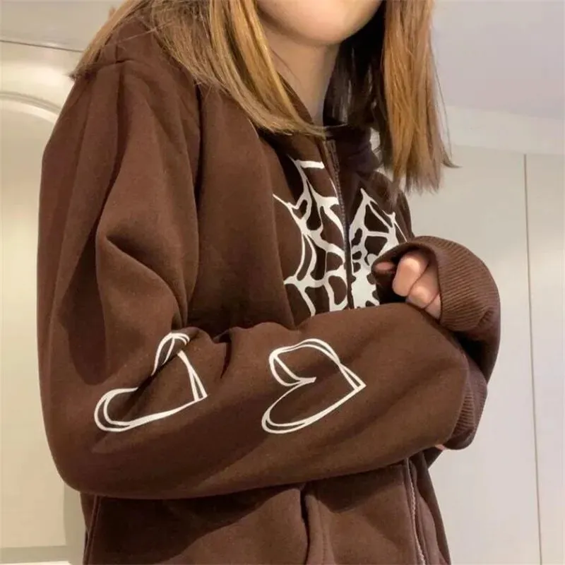 Y2K Rhinestone Cobweb Zip Up Oversized Sweatshirt 2022 Autumn Goth Hoodie Men Women Grunge Hooded Jacket Streetwear Y2K Clothing