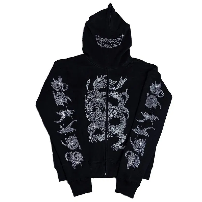 Y2K Rhinestone Cobweb Zip Up Oversized Sweatshirt 2022 Autumn Goth Hoodie Men Women Grunge Hooded Jacket Streetwear Y2K Clothing