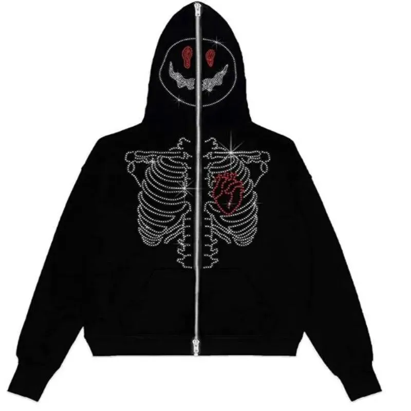 Y2K Rhinestone Cobweb Zip Up Oversized Sweatshirt 2022 Autumn Goth Hoodie Men Women Grunge Hooded Jacket Streetwear Y2K Clothing