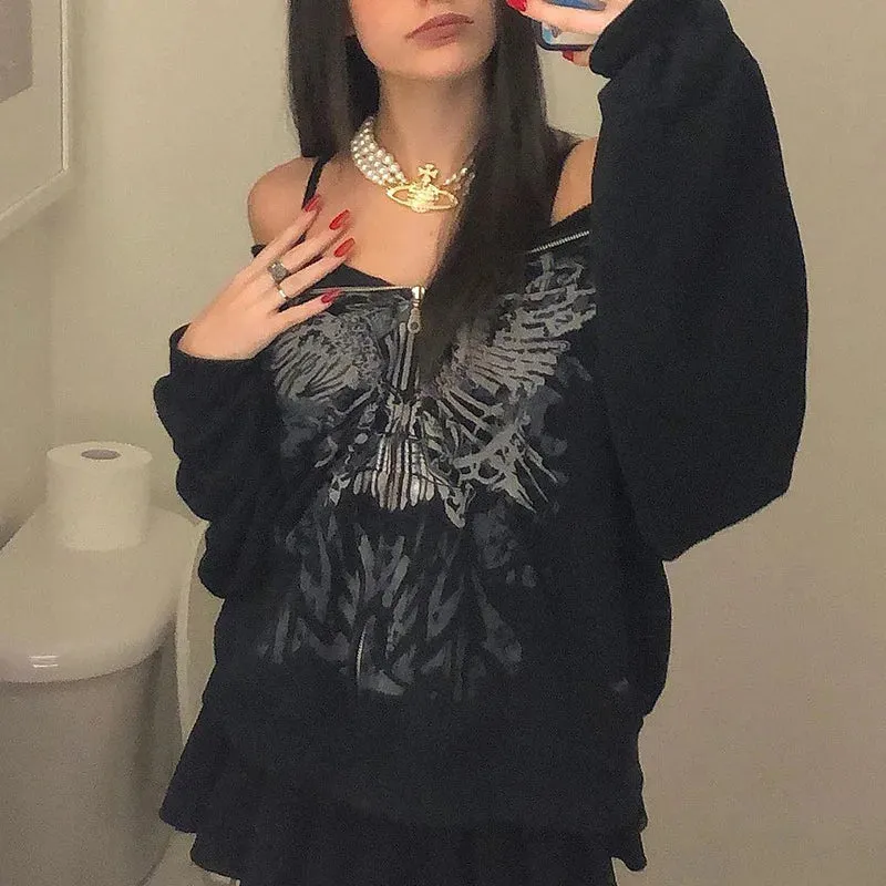 Y2K Rhinestone Cobweb Zip Up Oversized Sweatshirt 2022 Autumn Goth Hoodie Men Women Grunge Hooded Jacket Streetwear Y2K Clothing