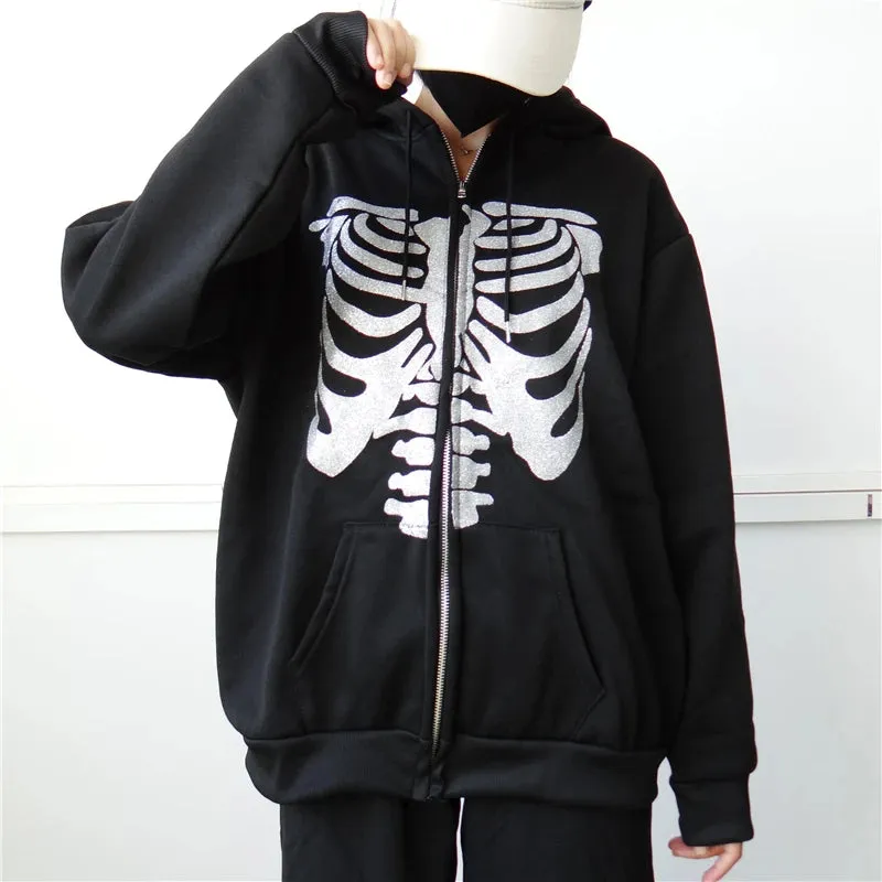 Y2K Rhinestone Cobweb Zip Up Oversized Sweatshirt 2022 Autumn Goth Hoodie Men Women Grunge Hooded Jacket Streetwear Y2K Clothing