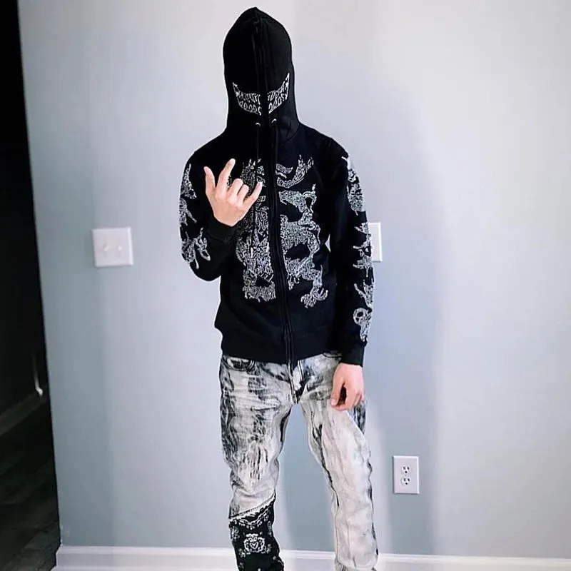 Y2K Rhinestone Cobweb Zip Up Oversized Sweatshirt 2022 Autumn Goth Hoodie Men Women Grunge Hooded Jacket Streetwear Y2K Clothing