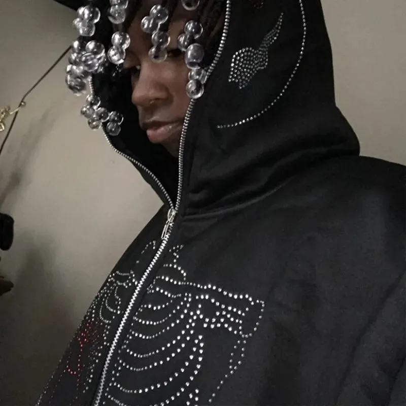 Y2K Rhinestone Cobweb Zip Up Oversized Sweatshirt 2022 Autumn Goth Hoodie Men Women Grunge Hooded Jacket Streetwear Y2K Clothing