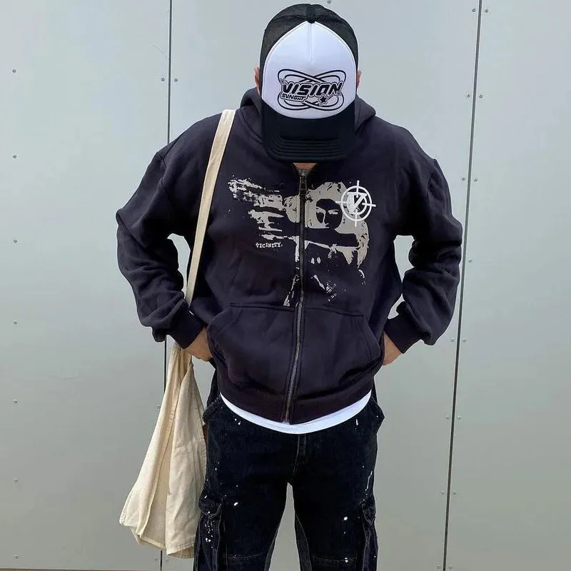 Y2K Rhinestone Cobweb Zip Up Oversized Sweatshirt 2022 Autumn Goth Hoodie Men Women Grunge Hooded Jacket Streetwear Y2K Clothing