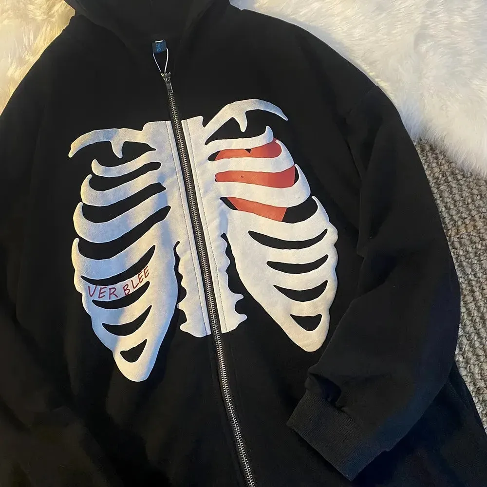 Y2K Rhinestone Cobweb Zip Up Oversized Sweatshirt 2022 Autumn Goth Hoodie Men Women Grunge Hooded Jacket Streetwear Y2K Clothing