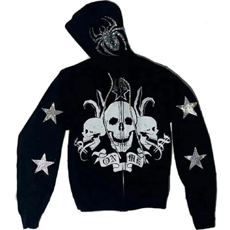 Y2K Rhinestone Cobweb Zip Up Oversized Sweatshirt 2022 Autumn Goth Hoodie Men Women Grunge Hooded Jacket Streetwear Y2K Clothing