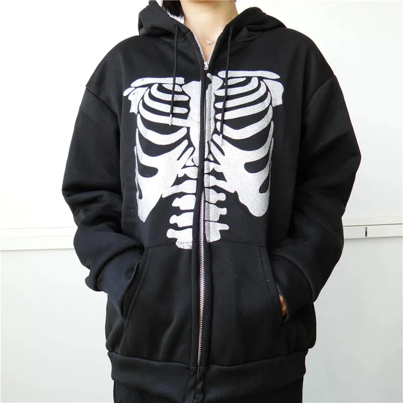 Y2K Rhinestone Cobweb Zip Up Oversized Sweatshirt 2022 Autumn Goth Hoodie Men Women Grunge Hooded Jacket Streetwear Y2K Clothing