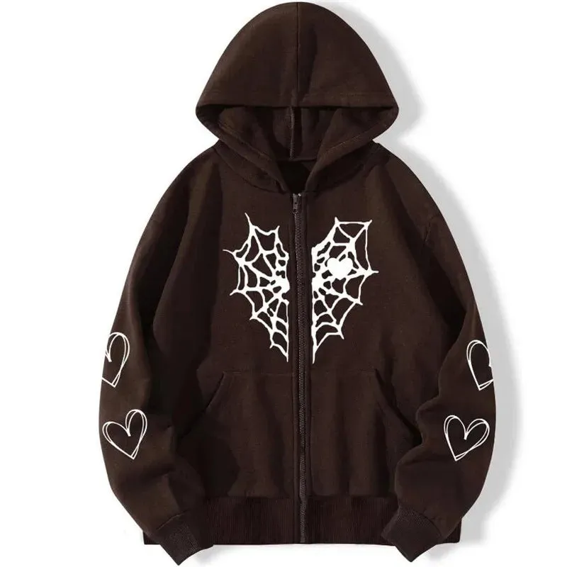 Y2K Rhinestone Cobweb Zip Up Oversized Sweatshirt 2022 Autumn Goth Hoodie Men Women Grunge Hooded Jacket Streetwear Y2K Clothing