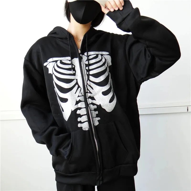 Y2K Rhinestone Cobweb Zip Up Oversized Sweatshirt 2022 Autumn Goth Hoodie Men Women Grunge Hooded Jacket Streetwear Y2K Clothing