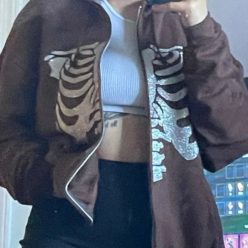 Y2K Rhinestone Cobweb Zip Up Oversized Sweatshirt 2022 Autumn Goth Hoodie Men Women Grunge Hooded Jacket Streetwear Y2K Clothing