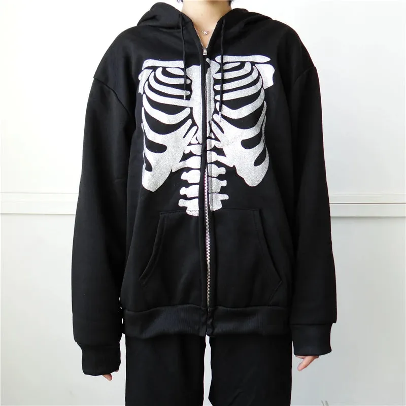 Y2K Rhinestone Cobweb Zip Up Oversized Sweatshirt 2022 Autumn Goth Hoodie Men Women Grunge Hooded Jacket Streetwear Y2K Clothing
