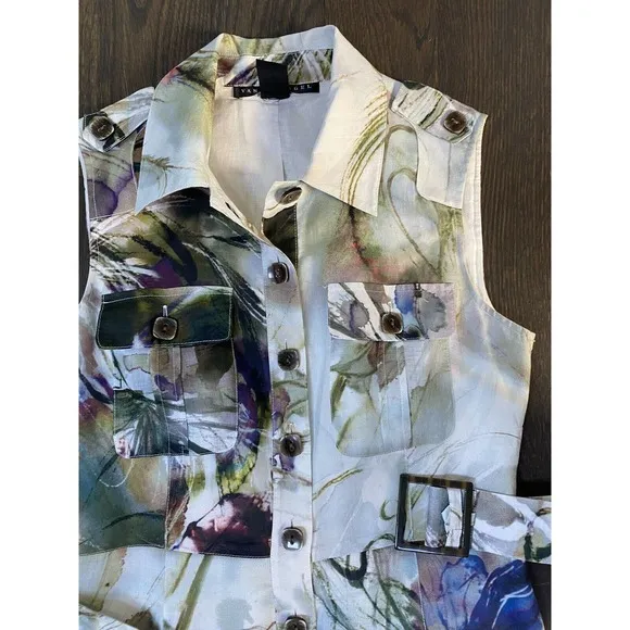 Yansi Fugel Ramie Button Front Shirt Dress Abstract Print ~.4