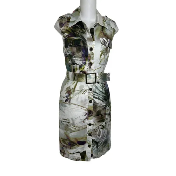 Yansi Fugel Ramie Button Front Shirt Dress Abstract Print ~.4