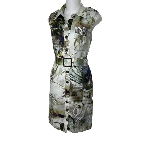 Yansi Fugel Ramie Button Front Shirt Dress Abstract Print ~.4