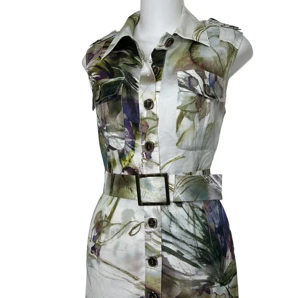 Yansi Fugel Ramie Button Front Shirt Dress Abstract Print ~.4