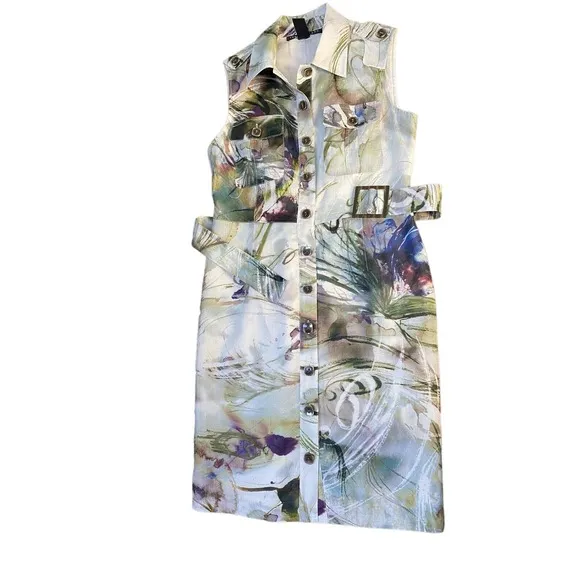 Yansi Fugel Ramie Button Front Shirt Dress Abstract Print ~.4