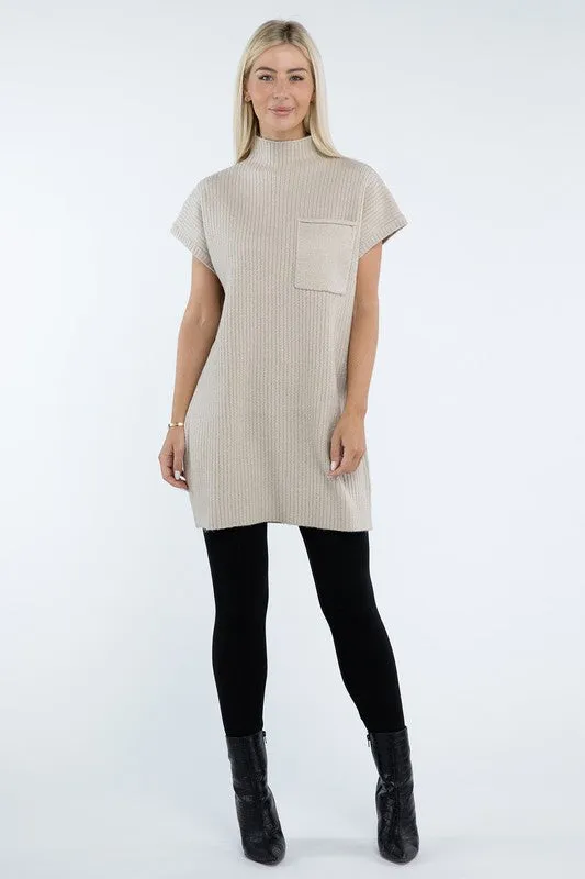 ZENANA Mock Neck Short Sleeve Sweater Dress with Pocket